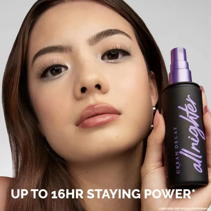 Woman holding a bottle of Urban Decay 'allnighter' makeup product with text about staying power.