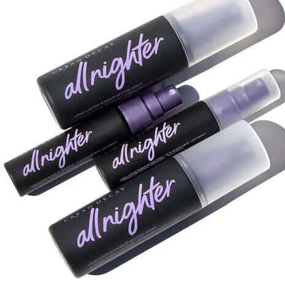 Urban Decay All Nighter Setting Spray bottles showcasing a lightweight formula for 16-hour makeup hold.