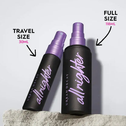 Two bottles of Urban Decay 'allnighter' product, one travel size and one full size, on a light gray background.