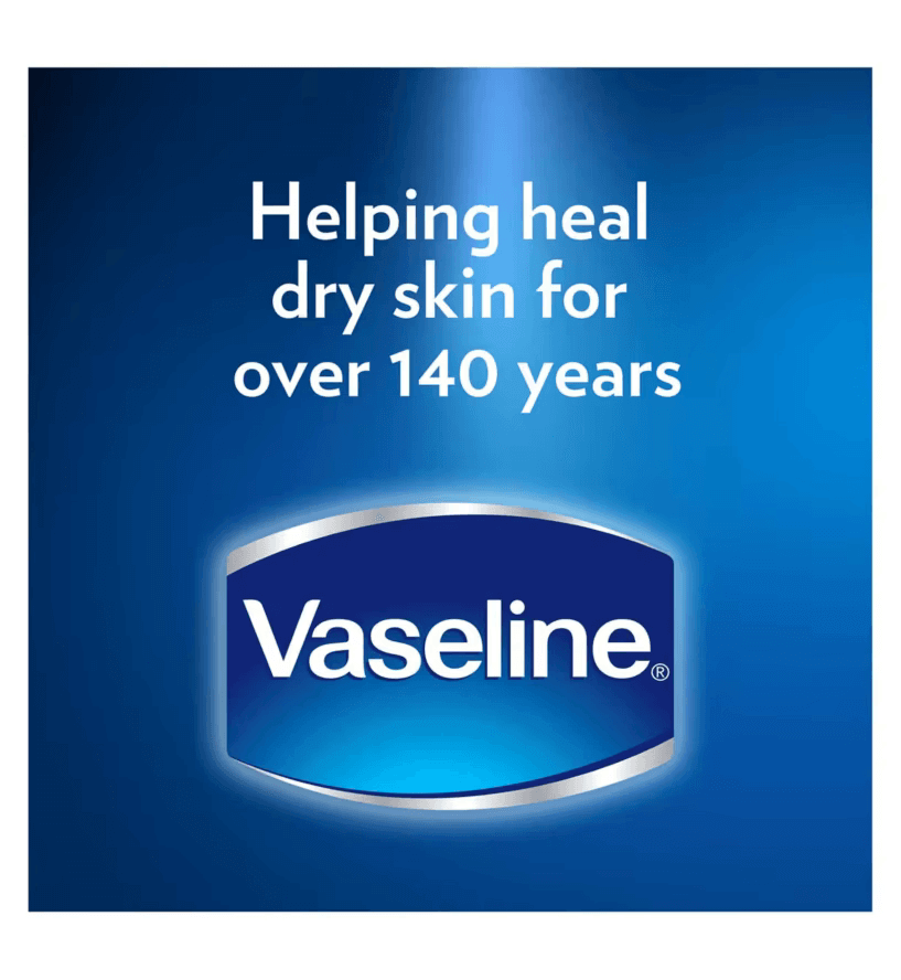 Vaseline logo on blue background, highlighting healing dry skin for over 140 years.