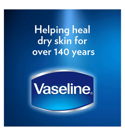Vaseline logo on blue background, highlighting healing dry skin for over 140 years.