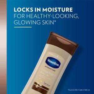 Vaseline Intensive Care Body Oil packaging highlighting moisture locking for glowing skin.