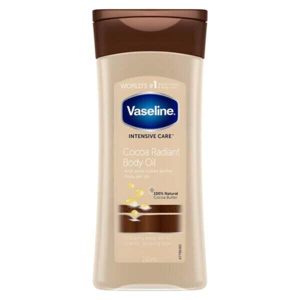 Vaseline Intensive Care Cocoa Radiant Body Oil 200ml bottle for healthy, glowing skin, enriched with pure cocoa butter.