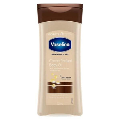 Vaseline Intensive Care Cocoa Radiant Body Oil 200ml bottle for healthy, glowing skin, enriched with pure cocoa butter.