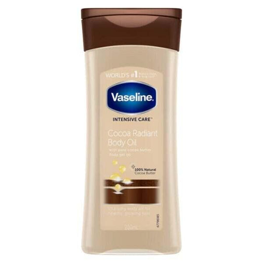 Vaseline Intensive Care Cocoa Radiant Body Oil 200ml bottle for healthy, glowing skin, enriched with pure cocoa butter.