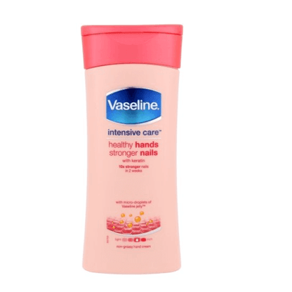 Vaseline Intensive Care Hand Cream for Healthy Hands and Stronger Nails in 200ml bottle with pink cap.