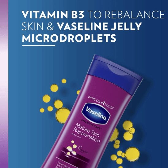 Vaseline Intensive Care Mature Skin Rejuvenation Body Lotion with Vitamin B3 and microdroplets for softer skin.