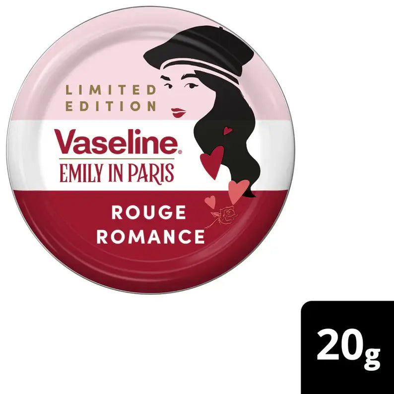 Vaseline limited edition Emily In Paris Rouge Romance lip balm tin 20g with elegant design and moisturizing benefits.