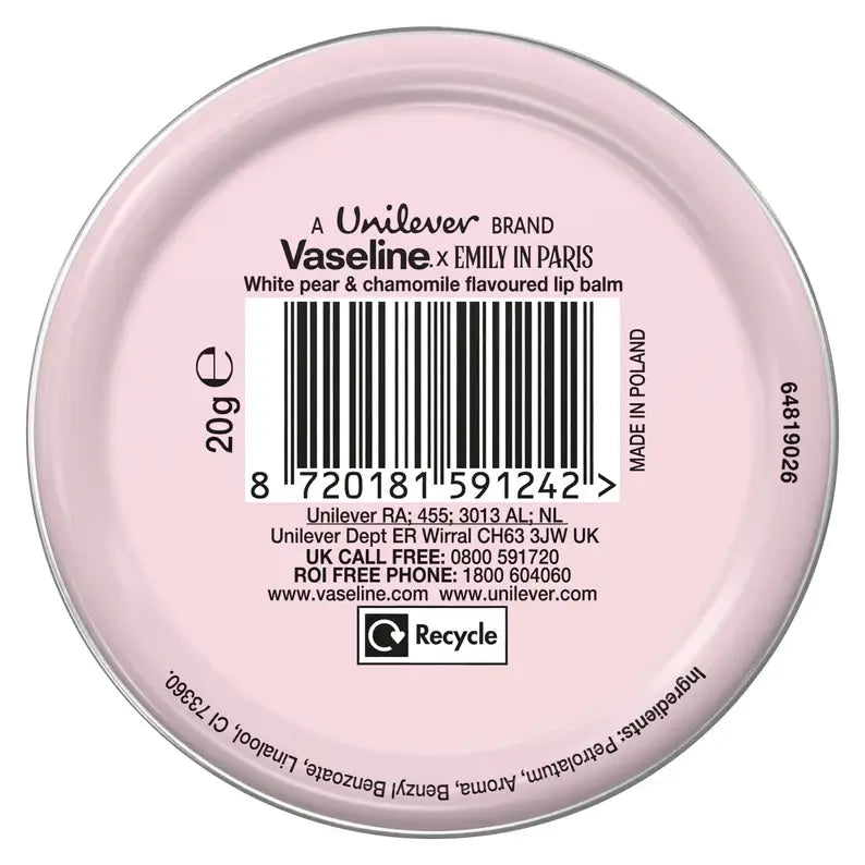 Vaseline x Emily in Paris lip balm tin base showing 20g product and barcode, featuring white pear and chamomile flavor.