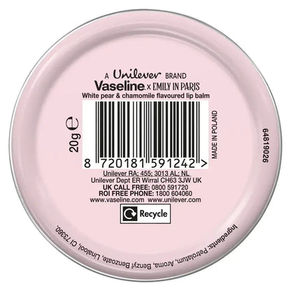 Vaseline x Emily in Paris lip balm tin base showing 20g product and barcode, featuring white pear and chamomile flavor.