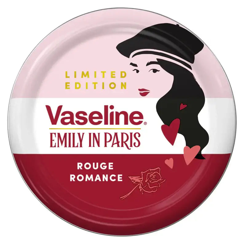 Vaseline Limited Edition Emily in Paris Rouge Romance Lip Balm Tin design with chic graphic and hearts.