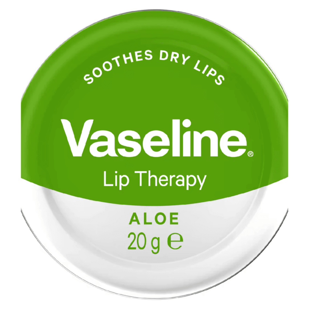 Vaseline Lip Therapy Aloe 20g tin for soothing dry lips, featuring vibrant green packaging and effective moisturizing formula.