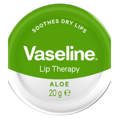 Vaseline Lip Therapy Aloe 20g tin for soothing dry lips, featuring vibrant green packaging and effective moisturizing formula.