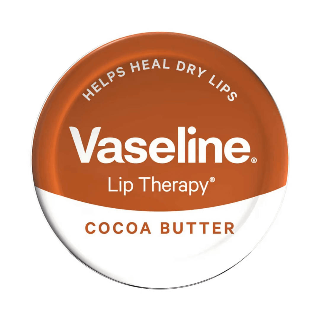 Vaseline Lip Therapy Cocoa Butter tin, 20g, helps heal dry lips with a rich, non-sticky formula.