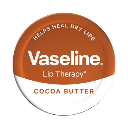 Vaseline Lip Therapy Cocoa Butter tin, 20g, helps heal dry lips with a rich, non-sticky formula.