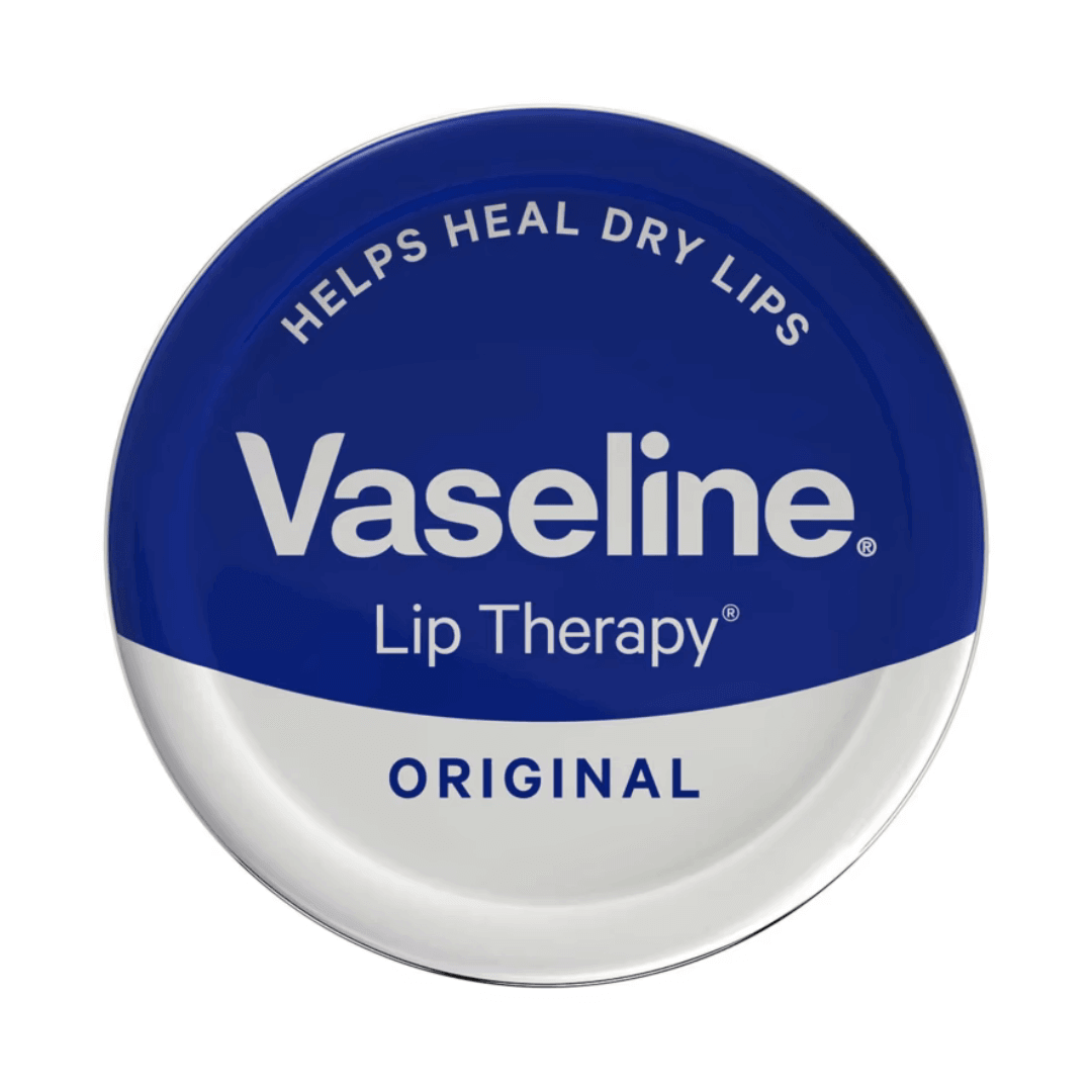 Vaseline Lip Therapy Original tin for healing dry lips, featuring a blue and white design, perfect for on-the-go hydration.