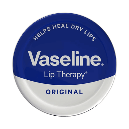 Vaseline Lip Therapy Original tin for healing dry lips, featuring a blue and white design, perfect for on-the-go hydration.