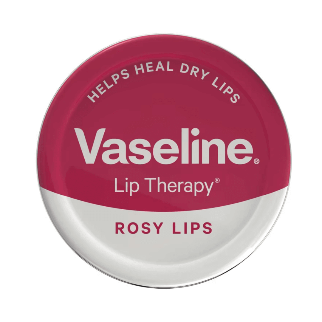 Vaseline Lip Therapy Rosy Lips tin, 20g, helps heal dry lips with a soft, non-sticky formula and light rose fragrance.