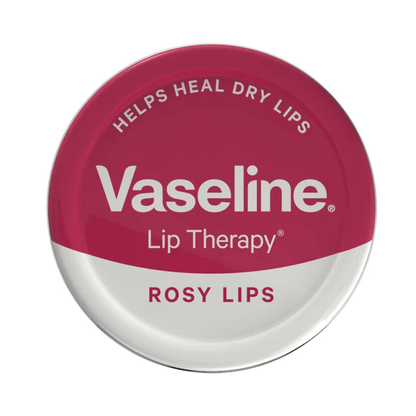 Vaseline Lip Therapy Rosy Lips tin, 20g, helps heal dry lips with a soft, non-sticky formula and light rose fragrance.