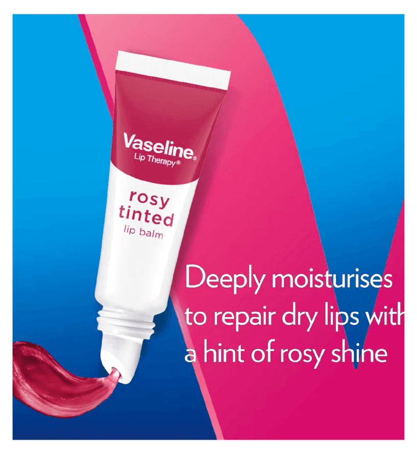 Vaseline Lip Therapy Rosy Tinted Lip Balm Tube 10g for deep moisturization and a hint of rosy shine.