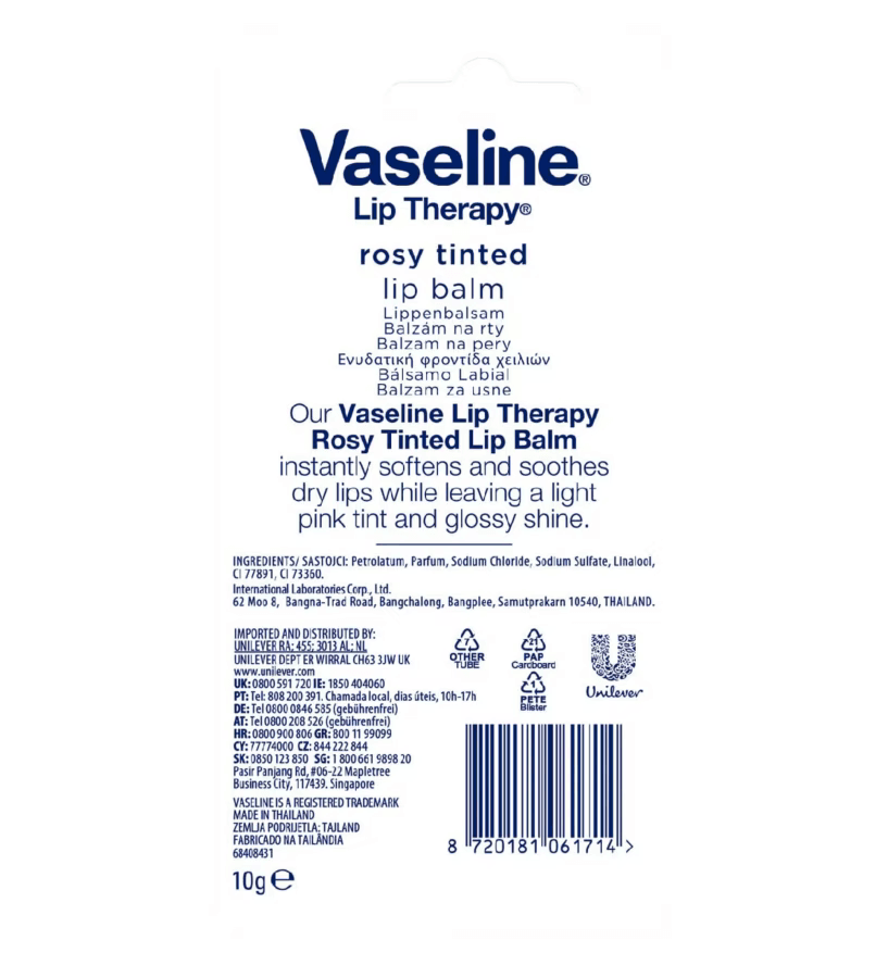 Vaseline Lip Therapy Rosy Tinted Lip Balm Tube 10g packaging, softens and soothes dry lips with a light pink tint.