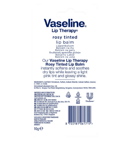 Vaseline Lip Therapy Rosy Tinted Lip Balm Tube 10g packaging, softens and soothes dry lips with a light pink tint.