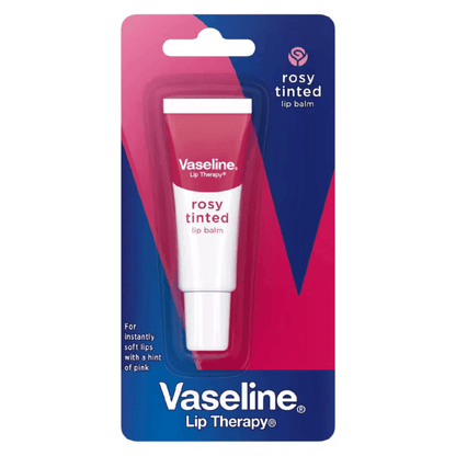 Vaseline Lip Therapy Rosy Tinted Lip Balm Tube 10g for soft lips with a hint of pink, featured in its packaging.