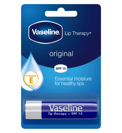 Vaseline Lip Therapy Stick Original 4g packaging, providing essential moisture and SPF 15 for healthy, soft lips.