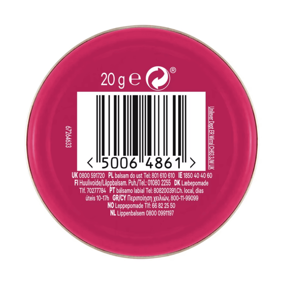 Vaseline Lip Therapy Tin 20g with barcode on the base, ideal for healing dry lips and keeping them moisturized.