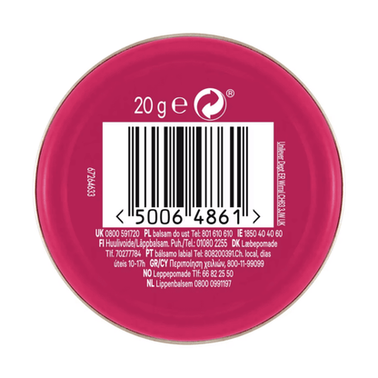 Vaseline Lip Therapy Tin 20g with barcode on the base, ideal for healing dry lips and keeping them moisturized.