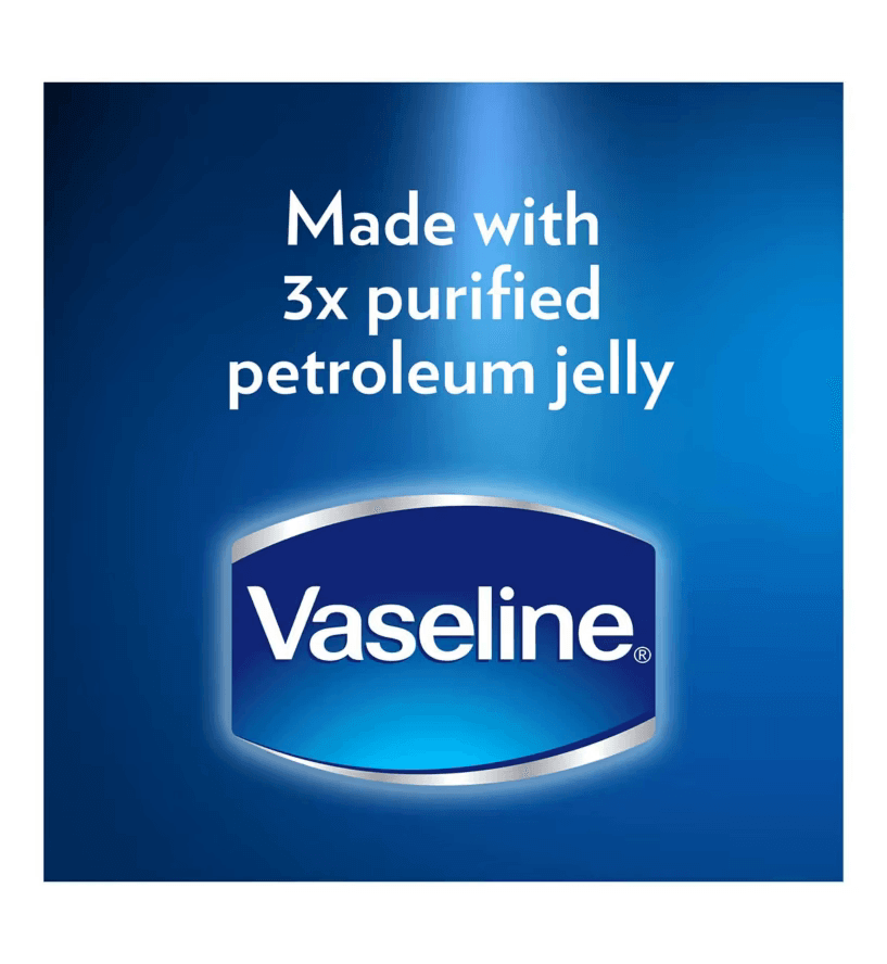 Vaseline logo with text highlighting 3x purified petroleum jelly used in products.