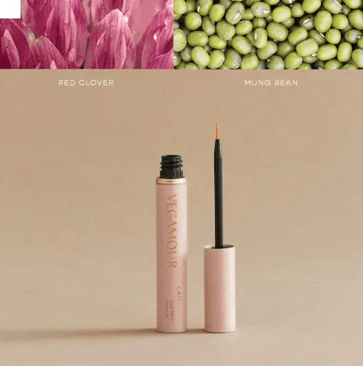 Vegamour GRO Volumizing Lash Serum with red clover and mung bean ingredients for longer, thicker lashes.