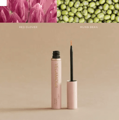 Vegamour GRO Volumizing Lash Serum with red clover and mung bean ingredients for longer, thicker lashes.