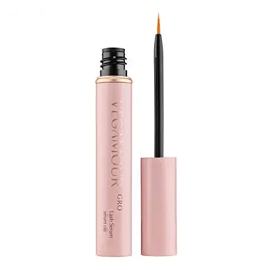 Vegamour GRO Volumizing Lash Serum 3ml bottle with applicator for longer, thicker lashes, suitable for all skin types.