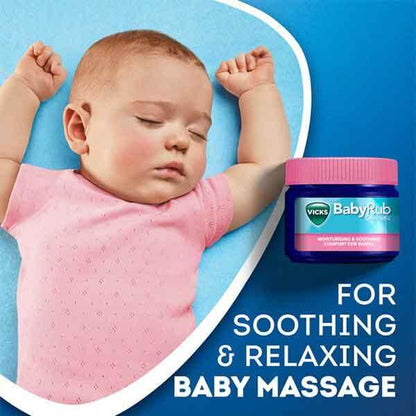 Vicks Baby Rub - 50g for soothing and relaxing baby massage, featuring a sleeping baby and product jar.