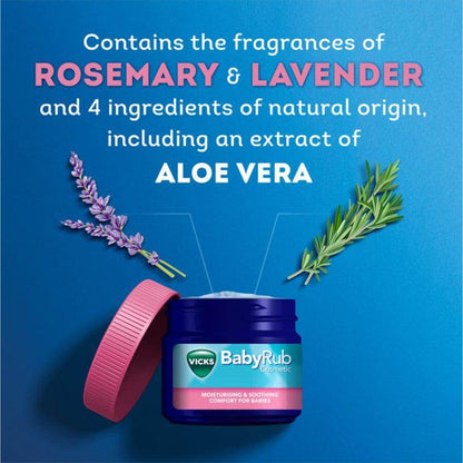 Vicks Baby Rub 50g jar with rosemary, lavender, and aloe vera ingredients, offering soothing comfort for babies.