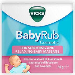 Vicks Baby Rub 50g packaging, soothing and relaxing cream for baby massage with Aloe Vera, Rosemary, and Lavender.
