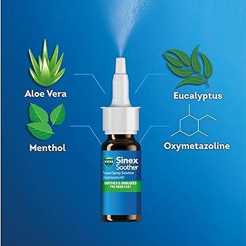 Vicks Sinex Soother Nasal Spray 15ml with Aloe Vera, Eucalyptus, and Menthol for decongestion relief.