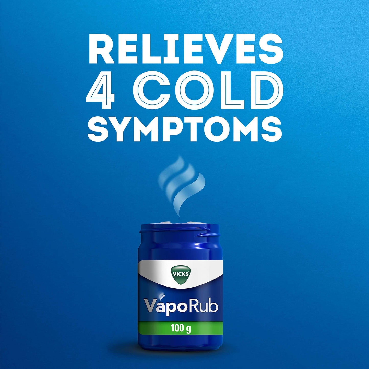 Vicks VapoRub jar 100g promotes relief from cough, cold, and flu symptoms with soothing menthol and eucalyptus.