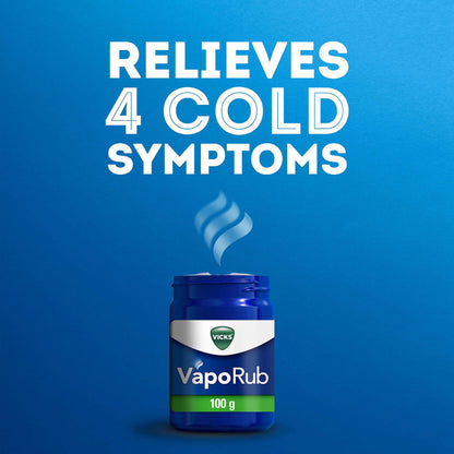 Vicks VapoRub jar 100g promotes relief from cough, cold, and flu symptoms with soothing menthol and eucalyptus.