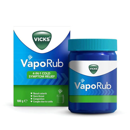 Vicks VapoRub 100g jar, relief for cough, cold, flu symptoms, includes menthol, eucalyptus for congestion.