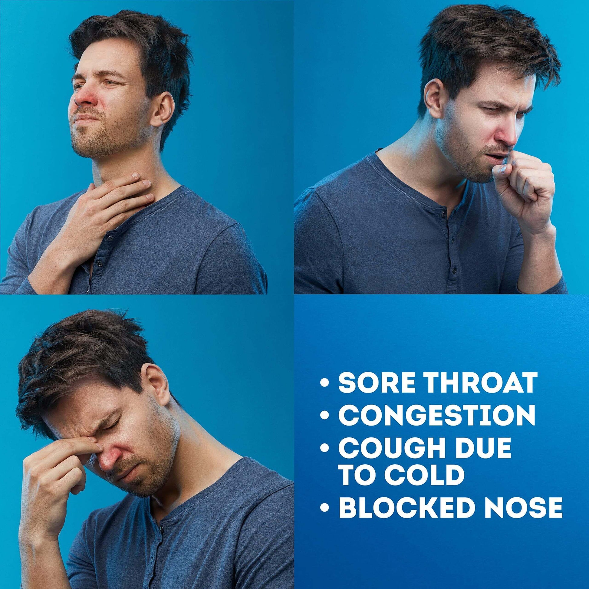 Man showing symptoms of sore throat, cough, congestion, and blocked nose against a blue background.