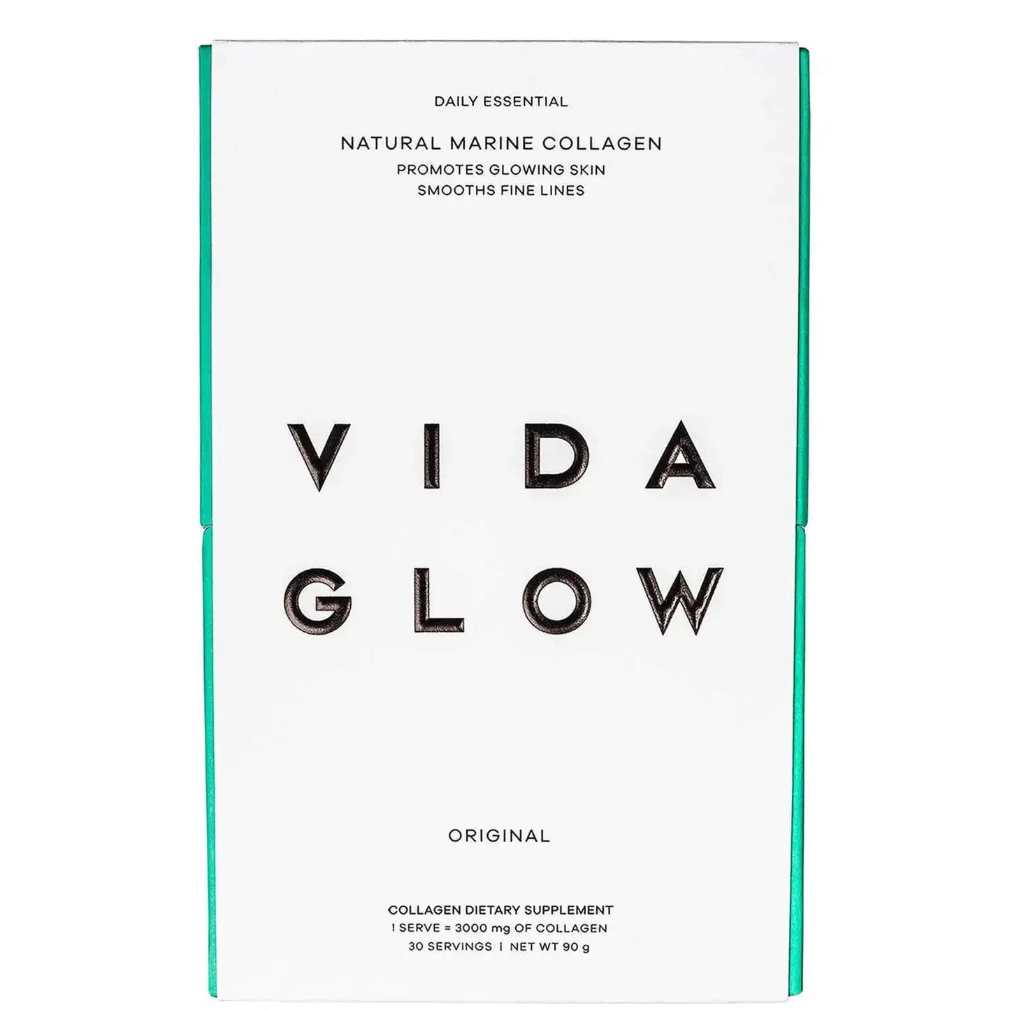 Vida Glow Natural Marine Collagen Original supplement box, promotes glowing skin and smooths fine lines.