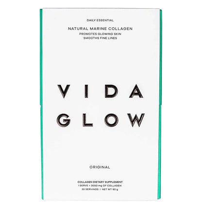 Vida Glow Natural Marine Collagen Original supplement box, promotes glowing skin and smooths fine lines.