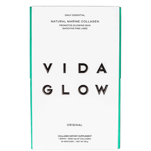 Vida Glow Natural Marine Collagen Original supplement box, promotes glowing skin and smooths fine lines.