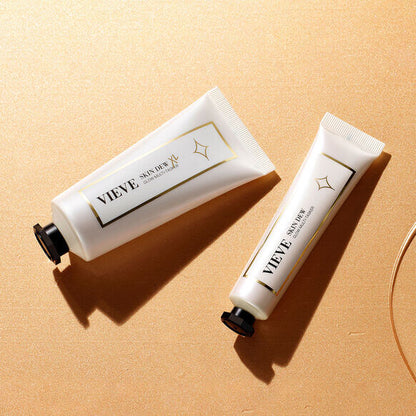 VIEVE Skin Dew and Skin Prep tubes on a gold background, showcasing their elegant design and radiant skincare benefits.