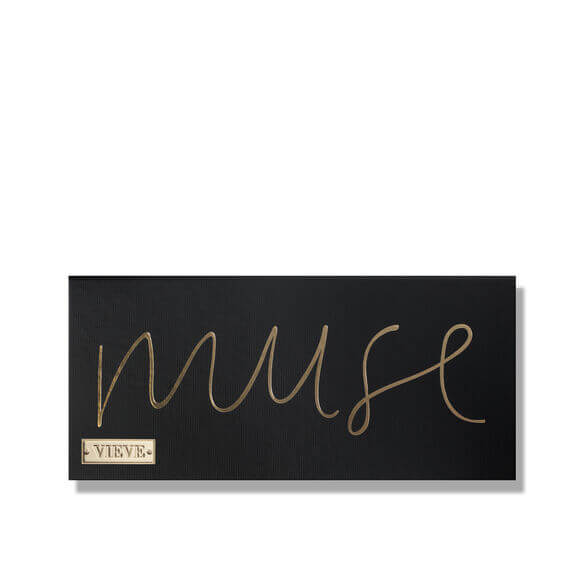 Vieve Black makeup palette with 'muse' in gold script and 'Vivie' brand logo on a white background