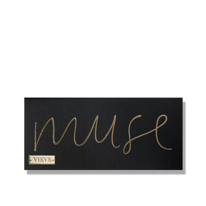 Vieve Black makeup palette with 'muse' in gold script and 'Vivie' brand logo on a white background