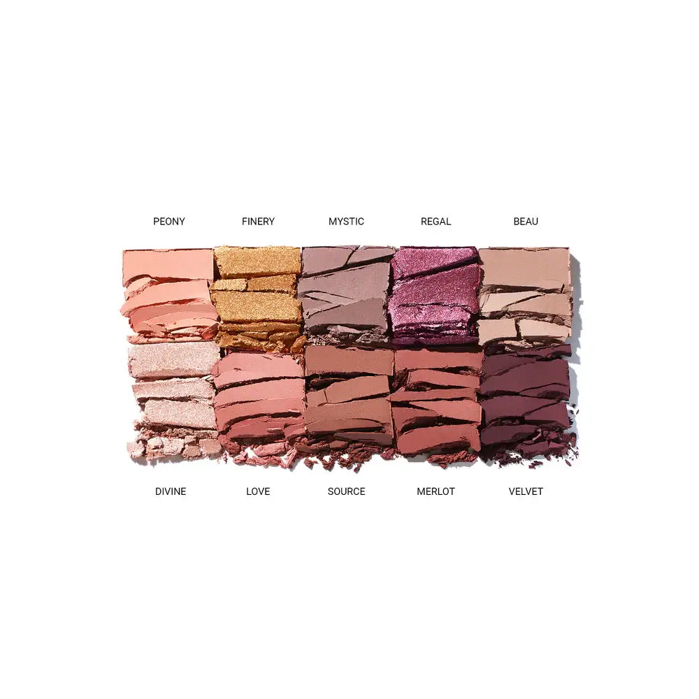 Vieve Makeup palette with various shades of eyeshadow and their names on a white background
