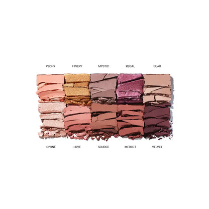 Vieve Makeup palette with various shades of eyeshadow and their names on a white background